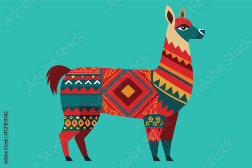 Colorful llama with traditional patterns standing against a turquoise background