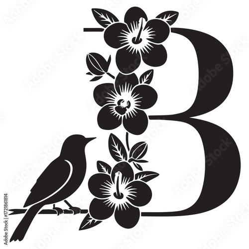 Elegant black silhouette of a bird perched on a branch with blooming flowers adorning the letter b