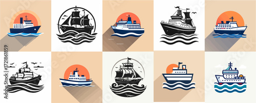 Collection of various ship and boat vector icons.