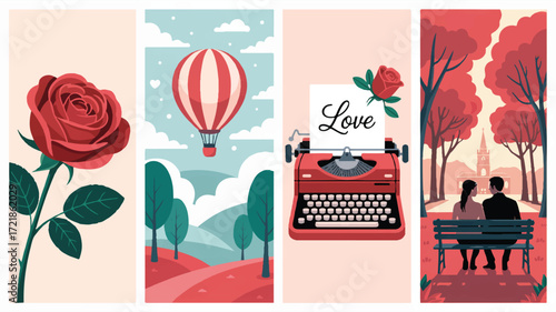 Vector art of romantic montage with rose, hot air balloon, typewriter, and couple