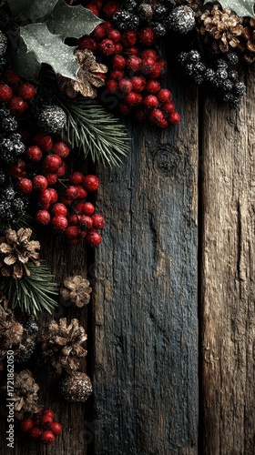 Festive arrangement of red berries and pine cones on rustic wooden surface during winter holiday season