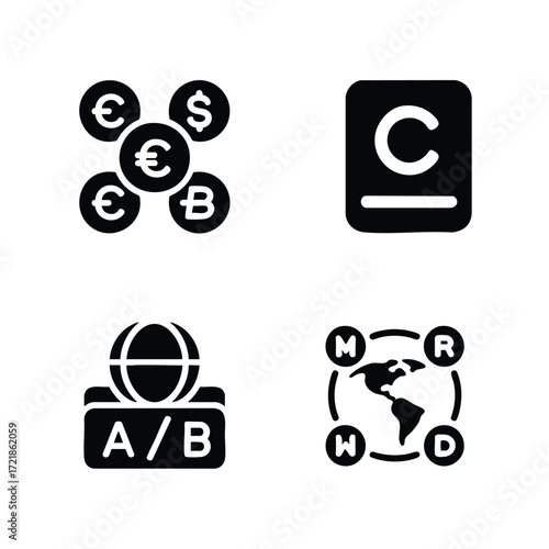 A set of 4 digital globalization icons global currency exchange, international shipping, multi-language support A文, worldwide network.