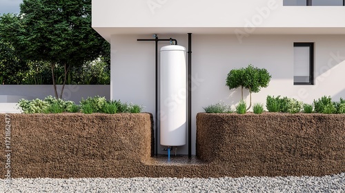 Smart home rainwater harvesting system with integrated purification, showing water levels, sustainable living, resource management 