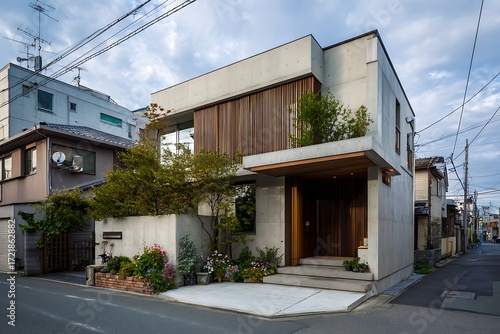 Discover modern Japanese home design with elegant wood accents and lush landscaping in a serene neighborhood, showcasing minimalist architecture