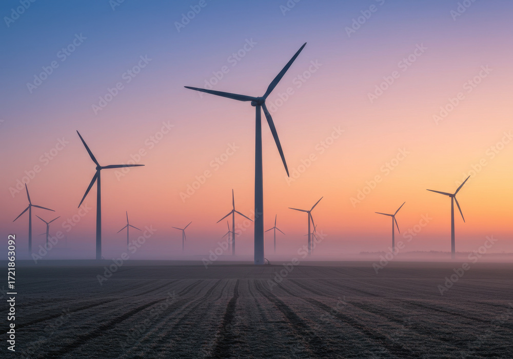 Fototapeta premium Wind turbines standing tall in a field at sunset.