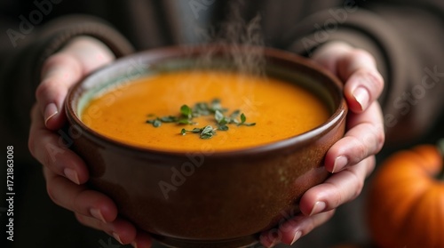 Hands holding a steaming bowl of creamy pumpkin soup garnished with fresh herbs, perfect for autumn meals, cozy dinners, and seasonal recipes