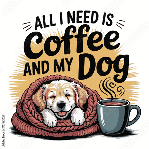 A happy dog sleeps wrapped in a blanket next to a steaming cup of coffee puppy sleeping