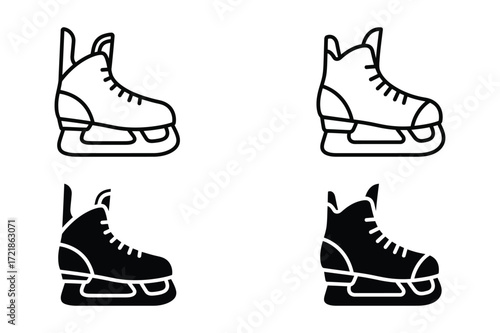 Ice Hockey Skate Icon Set – Outline and Silhouette Vector