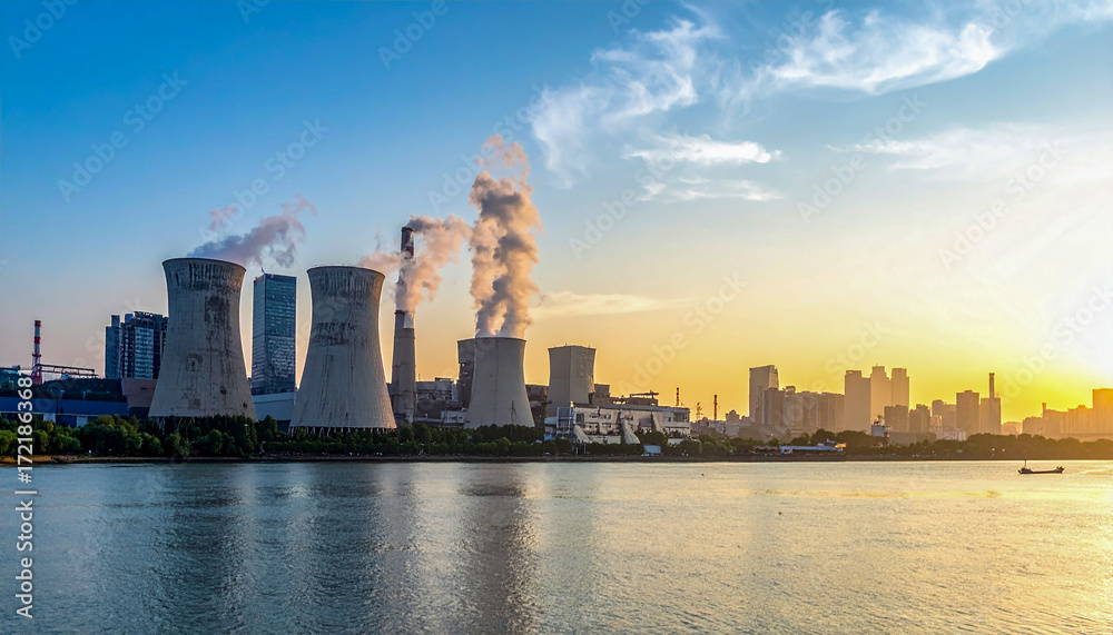 Obraz premium Energy Production and Pollution: Thermal Power Station at Sunrise/Sunset