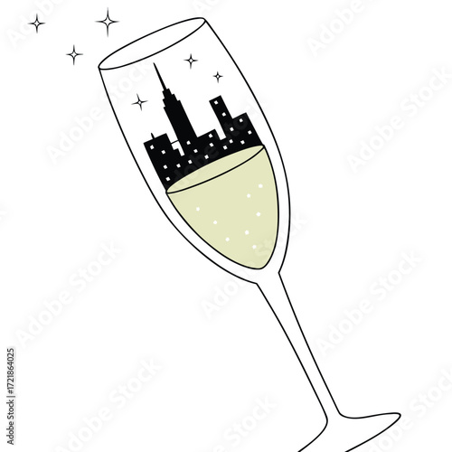 Elegant champagne flute with sparkling city skyline, perfect for celebrating urban adventures and special occasions with a touch of modern luxury