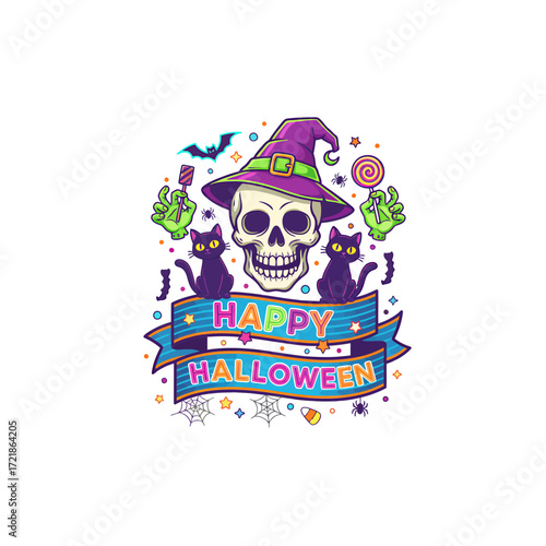 A vibrant vintage cartoon skull and crossbones illustration on a happy birthday card with a pirate flag and gothic tattoo art
