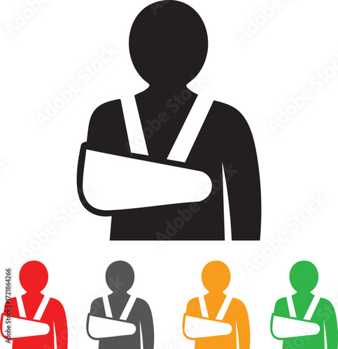Vector illustration of a person with an arm or shoulder injury wearing a sling, representing medical care, injury recovery, and first aid.