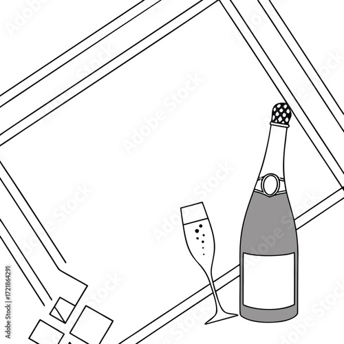Elegant champagne bottle and flute in modern frame, perfect for celebration invitations, sophisticated event marketing, or elegant design projects.