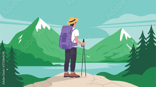 Vector art of hiker with backpack and poles on mountain overlook