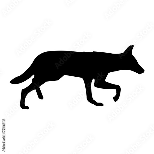 A bold, black silhouette of a canid (likely a dog or wolf) in a running posture against a plain white background.