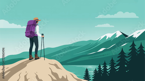 Vector art of hiker with backpack and poles on mountain peak overlooking lake