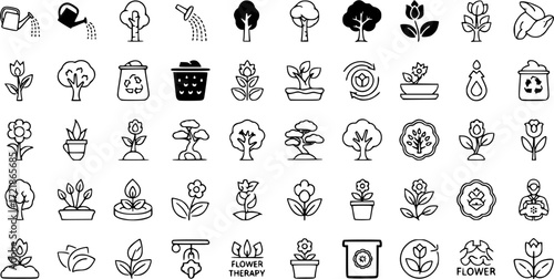 50 linear nature icon pack. vector thin line watering plant, black birch tree, waste water,