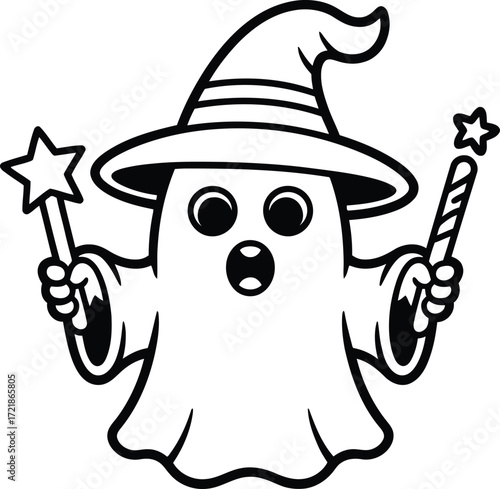 Spooky cute ghost cartoon character wearing a wizard hat and holding magic wands for Halloween themed designs and illustrations