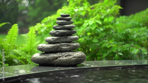 A serene stone cairn balanced amidst lush greenery, captured during a gentle rain shower.