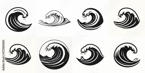Set of diverse black and white graphic illustrations of ocean waves.