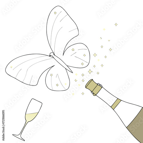 Celebrate in Style! A bubbly champagne bottle, butterfly, and stars create an elegant, whimsical design perfect for birthdays, invitations, or branding