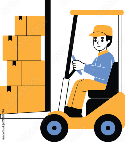 Forklift operator drives near stack of orange boxes