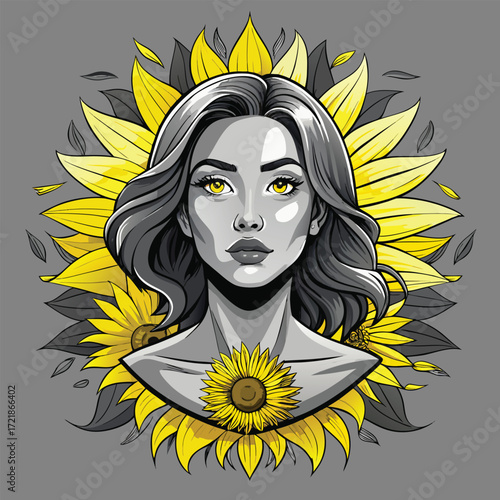 Woman portrait sunflowers graphic design art illustration image woman portrait