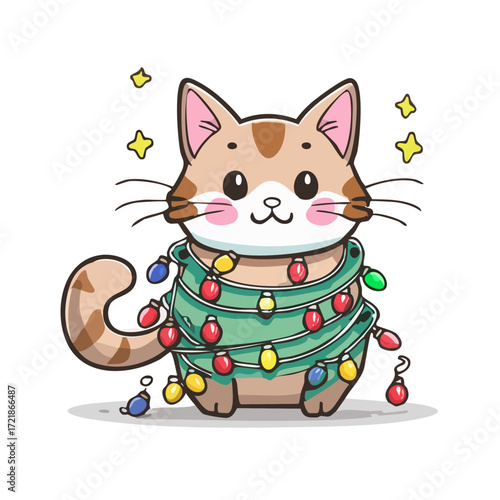 Cute Christmas Cat with Lights Vector — Adorable Holiday Kittens Tangled in Festive String Lights