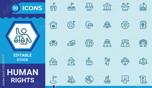 Minimalist human Rights icons set. justice icon set. Editable Stroke icon. Law, people, freedom and more. Vector illustration.