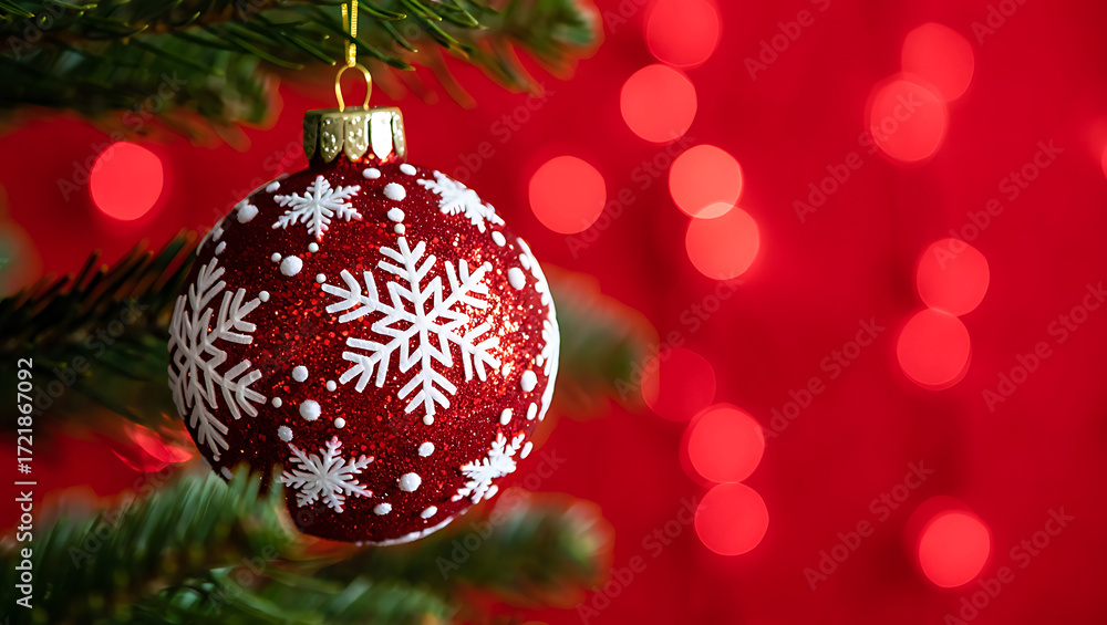 Fototapeta premium Festive Red Christmas Ornament with White Snowflakes Hanging on Tree Branch against Bokeh Background Celebration and Decoration