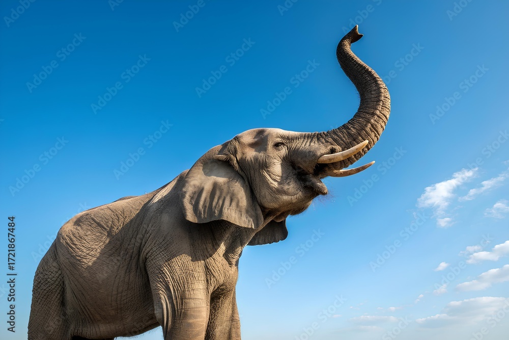 Obraz premium Majestic elephant with raised trunk and visible tusks stands tall against vivid blue sky, highlighting textured skin and natural grandeur