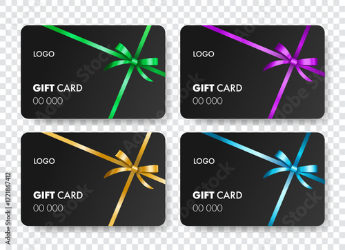 Gift card template with ribbon embellishment. Loyalty program, bonus card. For concepts of marketing promotion of goods for holidays, birthdays. EPS 10