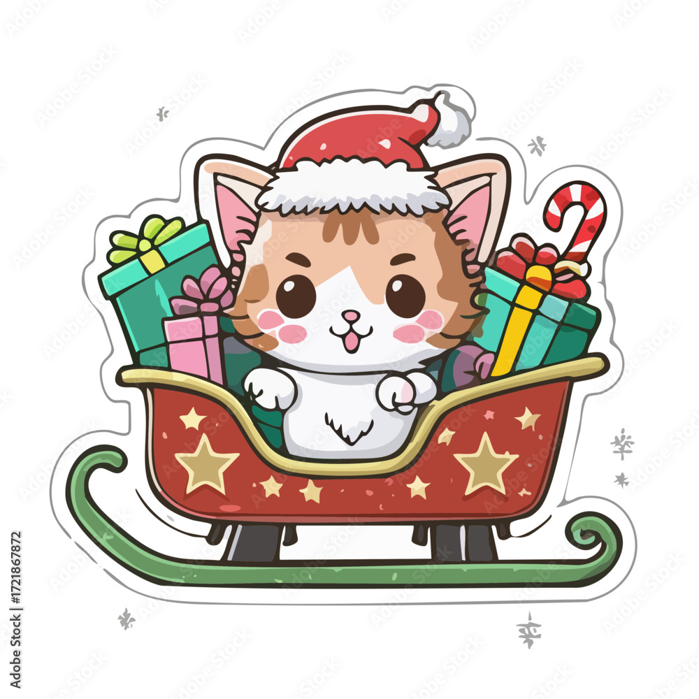 Naklejka premium Cute Christmas Cat in Sleigh Vector — Adorable Holiday Kittens with Santa Hats, Presents, and Festive Sleighs