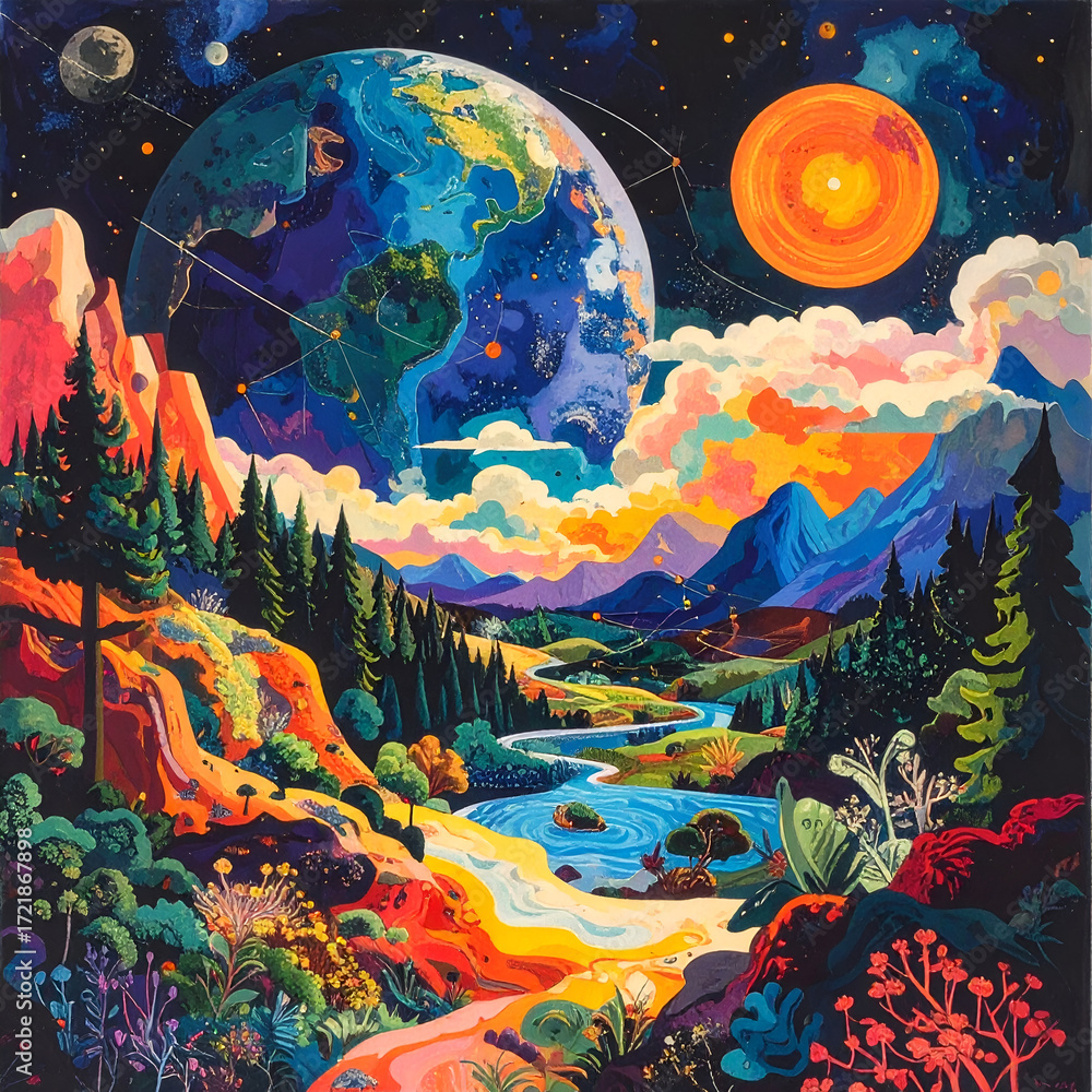 Obraz premium Colorful Cosmic Landscape Painting.