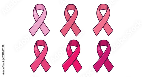 Six pink ribbons symbolizing breast cancer awareness, each with a unique shade