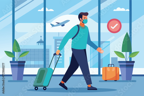 Man with suitcase walking in airport terminal during travel with checkmark symbol indicating safety measures