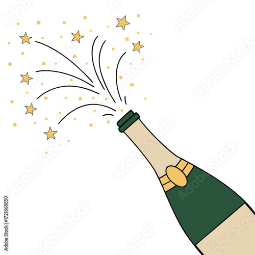 Celebrate success with a popping champagne bottle illustration featuring gold stars perfect for New Year's Eve parties, milestones, and festive occasions