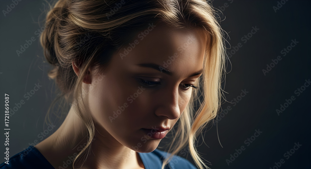 Fototapeta premium Portrait of a Pensive Young Woman with Blonde Hair Looking Down Thoughtful Expression Studio Shot