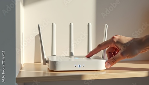 Home Router with Hand Pressing Button Morning Light