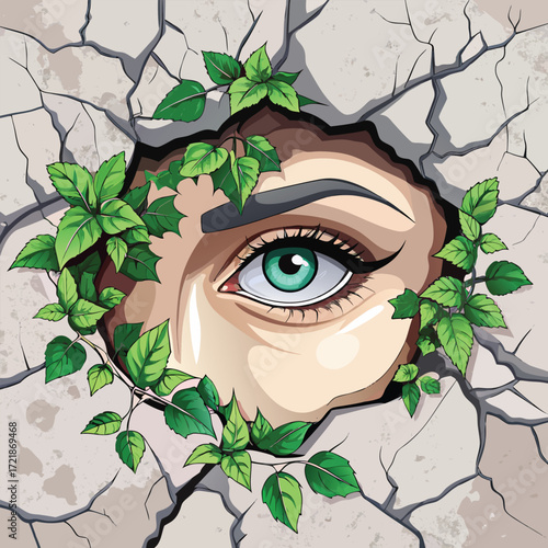 Woman's eye peering through cracked wall nature growth woman's eye