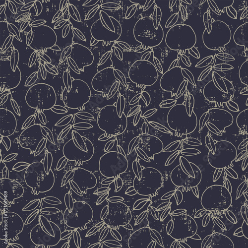 Seamless pattern. Pomegranate tree branches with fruit. Outlined vector illustration on light-colored background for surface design and other design projects Shana Tova