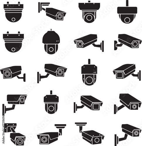 Security Surveillance System Icons Collection, Security camera silhouette vector illustration for surveillance and protection, CCTV security camera icons set video surveillance monitoring.