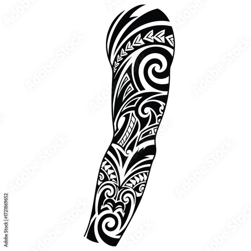 A stylized, black and white illustration of a complete arm tattoo design featuring intricate tribal patterns.
