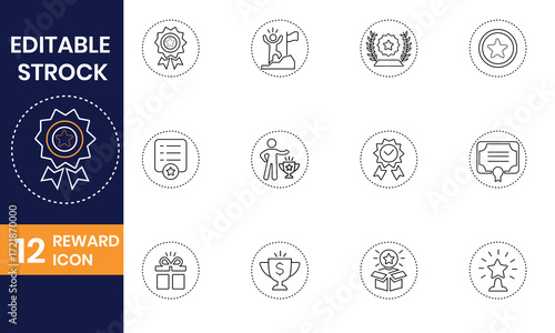 Vector art of reward icons set featuring editable stroke, perfect for highlighting achievements, recognition, and incentives in a visually appealing manner