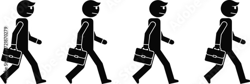 Business, icon, walking, briefcase, commute, professional, silhouette, minimal, uniform, motion, career, concept, office, routine, black, stickman, illustration, corporate, job, graphic