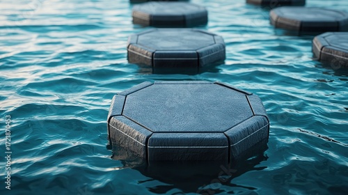 Sustainable floating city platform connection, interlocking mechanism, water ripples, secure buoyancy. 