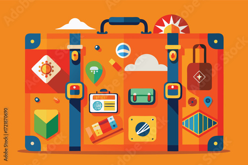 Colorful suitcase adorned with travel stickers and unique travel icons in vibrant colors