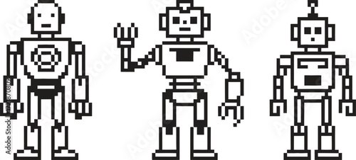 Three retro pixelated robots standing together in a line