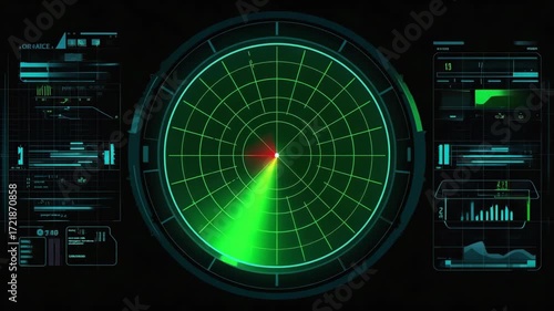 Futuristic radar interface with glowing green sweep scanning across detailed grid, surrounded by advanced HUD panels displaying tactical data, navigation charts, tracking visuals for security, defense