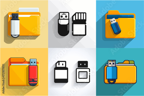USB flash drives and folder icons representing data storage and file management.